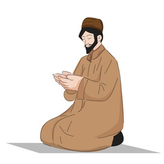 Arab muslim man praying kneeling on prayer Mat in a white background