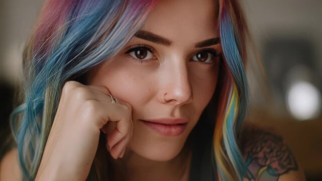 Young woman with colorful dyed hair and tattoos looking down thoughtfully