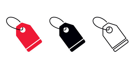 Price tag icon set for retail and e-commerce | Red, black silhouette, and outline vector labels for sales and shopping | Vector Price tag icon set | Editable Stroke Outline tag Icons Set for Sale
