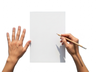Hands holding a pencil and paper on a transparent background with a shadow