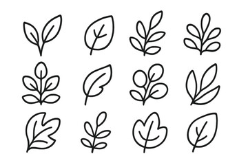 Set of 12 stylized leaf icons on a dark background