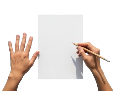Hands holding a pencil and paper on a transparent background with a shadow - Powered by Adobe