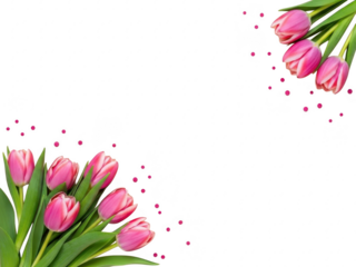 Pink tulips with green leaves and red dots on isolated transparent background for spring or easter