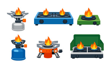 Naklejka premium Collection of camping stoves with burning flames