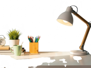Desk lamp on a table with office supplies and plant on isolated transparent background for workspace or study