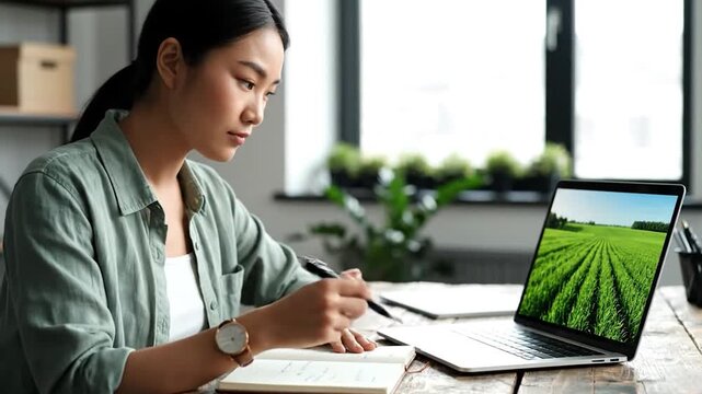 A woman in a green shirt, using a laptop with a field image, writing in a notebook