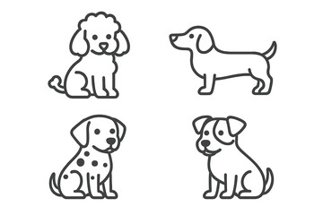 Four cute outline dogs in different breeds on a grey background.
