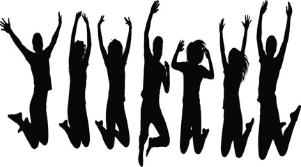 Group of happy people jumping in air, black silhouette figures celebrating success, freedom, teamwork, youth energy, isolated on white background, concept for joy, unity, motivation, lifestyle
