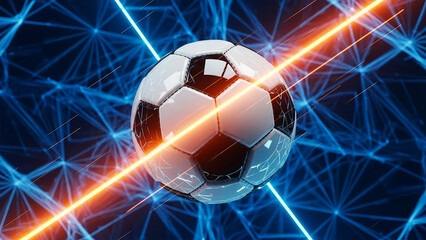 Soccer ball with glowing orange and blue light trails on abstract network background