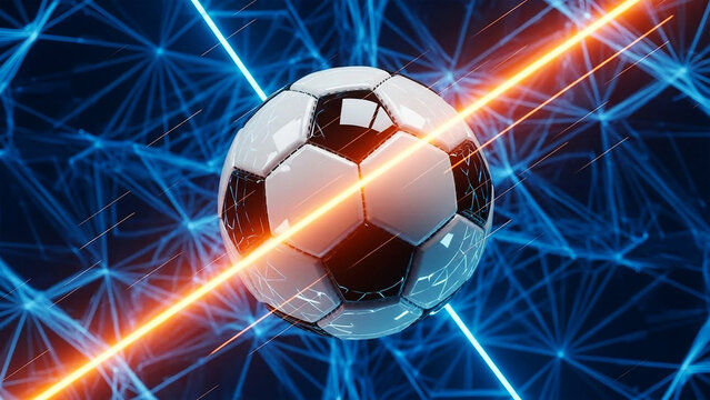 Soccer ball with glowing orange and blue light trails on abstract network background - Powered by Adobe