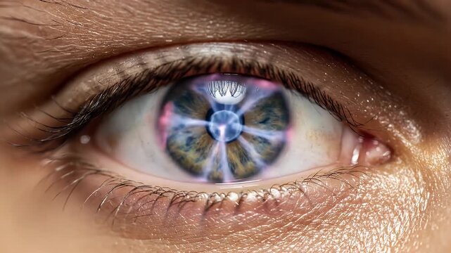 Close-up of a human bionic eye with future technology.