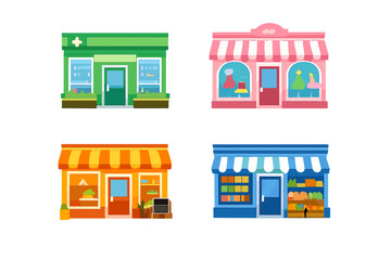 Four colorful cartoon shops in a digital art style