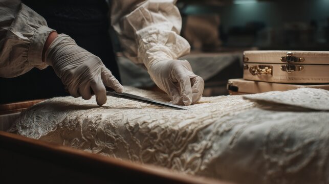 Detailed medium shot capturing the delicate steps of traditional embalming with emphasis on respectful care and the use of professional tools in a controlled environment.