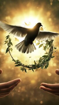 White dove gently flying through an olive wreath above open human hands, symbolizing global peace, universal understanding, serene acceptance in a glowing spiritual environment.
