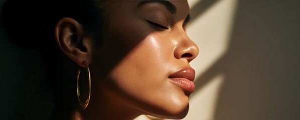 Close-animated movie side view portrait of a beautiful woman with smooth, radiant skin, dark hair, gold hoop earrings, and natural makeup in warm lighting