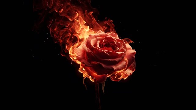 Burning red rose on black background symbolizing passion and intensity