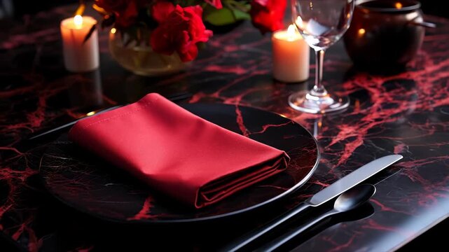Elegant table setting with red napkin on black plate, candle, glass, and roses, dark marble surface, romantic atmosphere, dinner arrangement, formal dining presentation, luxurious event decor
