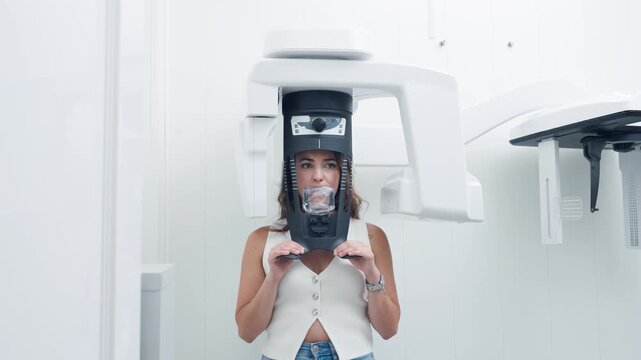 Female patient standing still while a modern dental panoramic x-ray machine rotates around her head in a bright, clean clinic setting