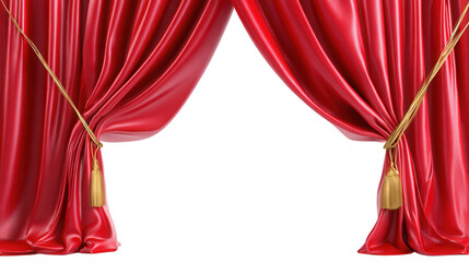 Red stage curtains with golden tie backs, draping open, providing a luxurious frame for events transparent a background