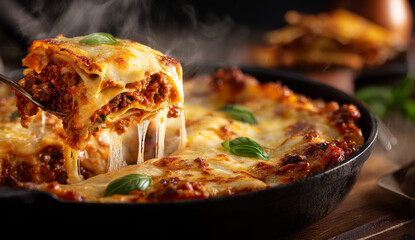 Close-animated movie view of a freshly baked lasagna with melted cheese, rich tomato sauce, and fresh basil leaves in a black skillet