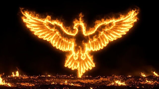 A mythical fire phoenix bird rising with flames in the dark.