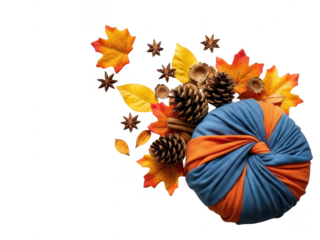 Autumn leaves and pinecones with blue and orange fabric isolated on transparent background