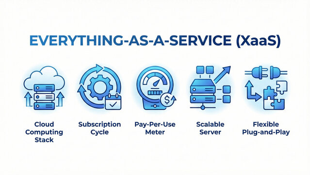 Everything-as-a-Service XaaS Infographic: Cloud Computing, Subscription, Pay-Per-Use, Scalable Server, and Plug-and-Play Icons