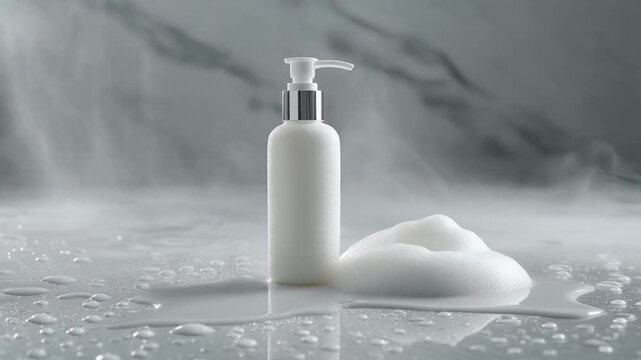 Clean White Cosmetic Pump Bottle and Rich Foaming Lather on Wet, Reflective with Misty Aura