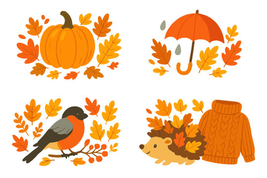 Autumnal scene with pumpkin, umbrella, bird, hedgehog, and sweater