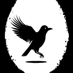 Dynamic black bird silhouette taking off within circular textured frame shows small avian creature with spread feathers and claws in mid air against bright white light background for logo design