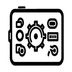 Horizontal smartphone displaying a user interface with a prominent central gear icon flanked by various functional symbols including power button battery indicator and control icons