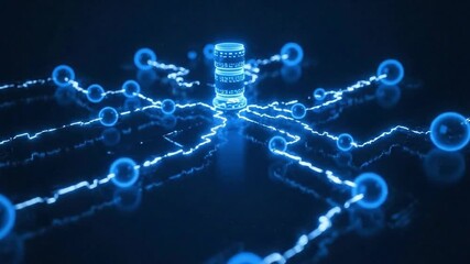 Conceptual digital representation of a centralized data server connected to a network of glowing blue nodes illustrating information flow and connectivity - Powered by Adobe
