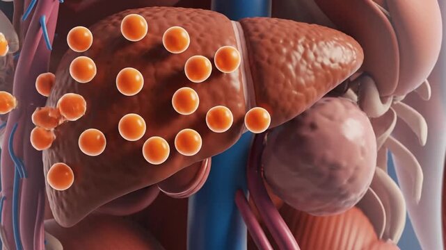 Liver disease anatomical visualization, fatty liver formation 3D medical animation for science and
