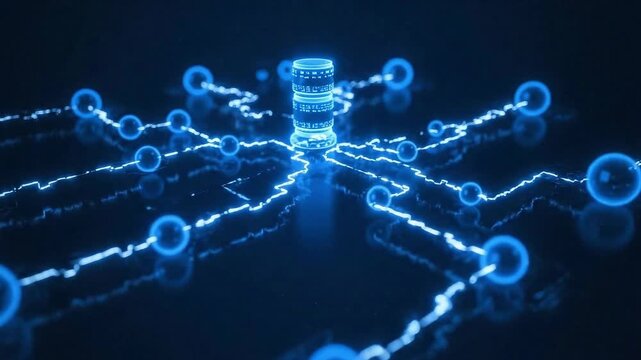 Conceptual digital representation of a centralized data server connected to a network of glowing blue nodes illustrating information flow and connectivity