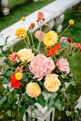 Elegant Wedding Floral Decoration in Summer, Beautiful Floral Arrangement for a Marriage Ceremony in Natural Light