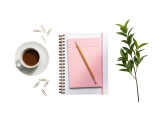 A cup of coffee and a pink notebook with a pencil on a transparent background with a plant