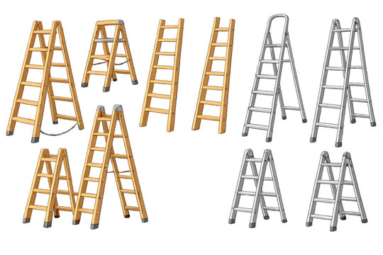 Collection of wooden and metal ladders