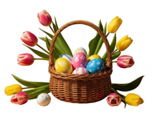 Easter basket filled with colorful eggs and tulips isolated on transparent background for spring holiday