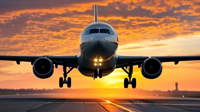 Cinematic shot of commercial airplane taking off from runway during golden sunset with dramatic orange clouds
