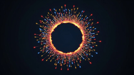 Vibrant multicolored light particles radiating from circular glowing edge on dark background, dynamic energetic illustration