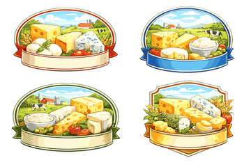 Assortment of artisanal cheeses in farm-themed oval badges