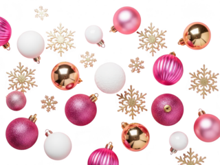Pink and white christmas ornaments with gold snowflakes isolated on transparent background for holiday decoration