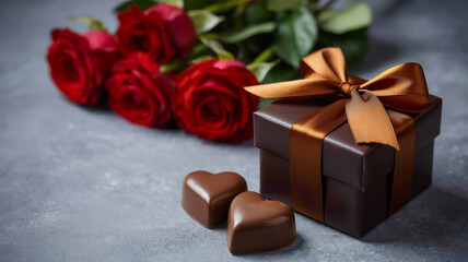 A romantic Valentine's Day composition with red roses and a chocolate gift box with heart-shaped chocolates