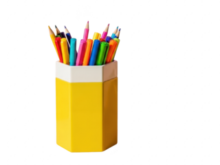 Yellow pencil holder with colorful pencils isolated on transparent background for school supplies
