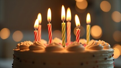 ceremony. A close-up of a birthday cake with glowing candles, radiating warmth and celebration. symbolizing life milestones and joyful moments.