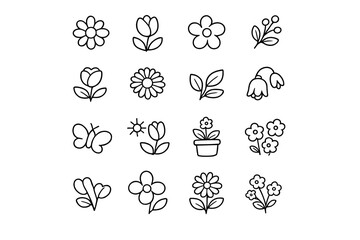 Fototapeta premium Cute collection of simple white flower icons on a gray background