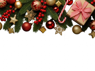 Christmas holiday border with ornaments and decorations on transparent background