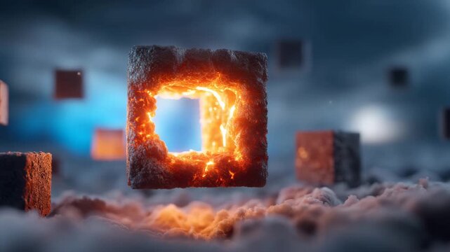 Glowing cube with fiery edges floats amidst snowy cubes