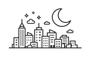 Fototapeta premium Stylized Cityscape Under a Crescent Moon and Stars