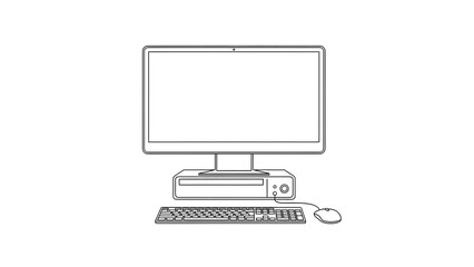 Simple black and white line art illustration depicting a complete desktop computer system setup including a monitor a tower unit a keyboard and a wired mouse